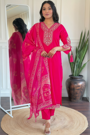 Embroidered V-Neck Thread Work Kurta With Trousers