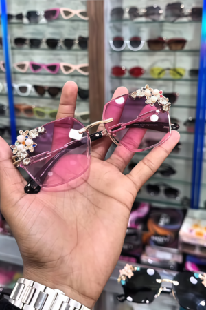 Luxury Crystal Embellished Rimless Pink Sunglasses for Women