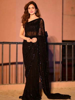 Black Sequinned Embellished Fusion Saree