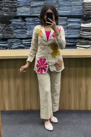 Women’s Floral Print Beige Pantsuit with Pink Inner Top