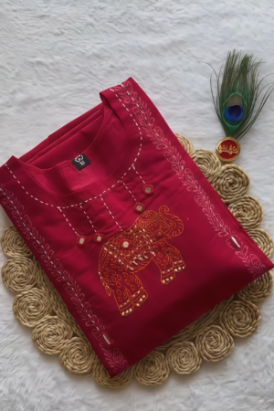 Women Cotton Kurta Pant Set with Mirror Work & Embroidered Lines