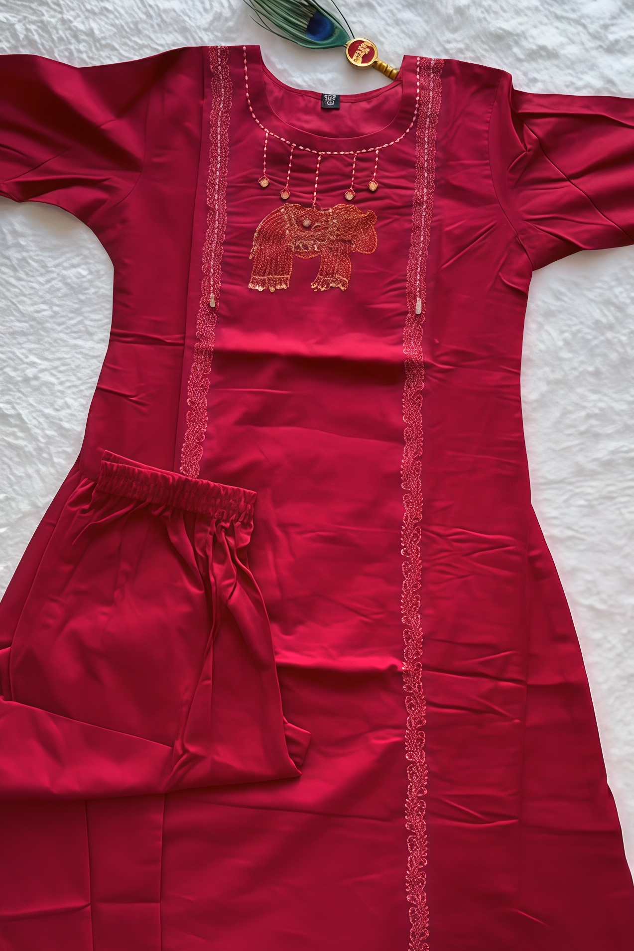 Women Cotton Kurta Pant Set with Mirror Work & Embroidered Lines - Image 2