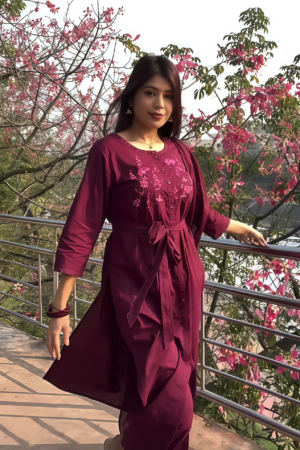 Cotton Embroidered Shirt-Style Dark Pink Kurti for Women