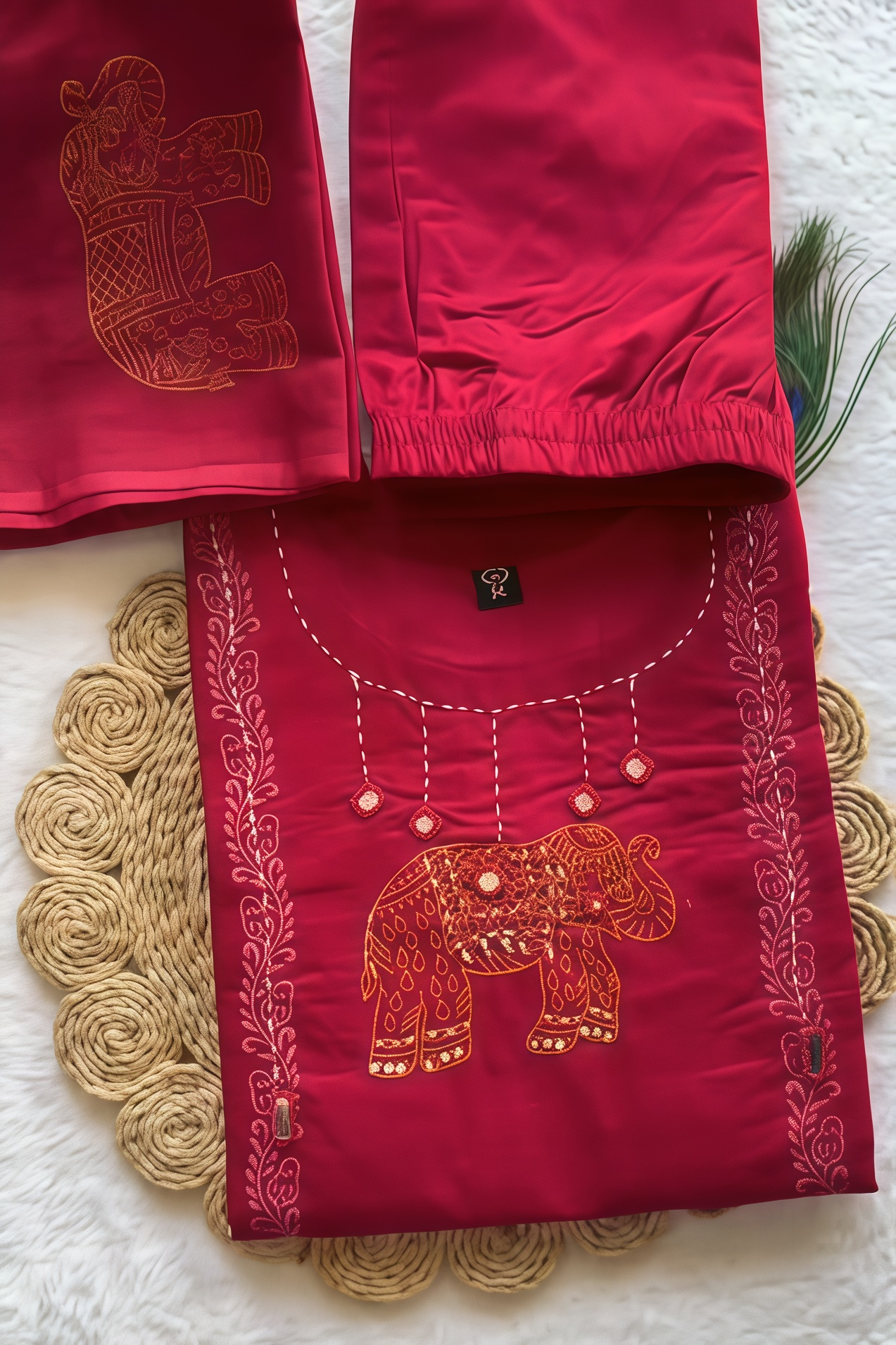 Women Cotton Kurta Pant Set with Mirror Work & Embroidered Lines - Image 3