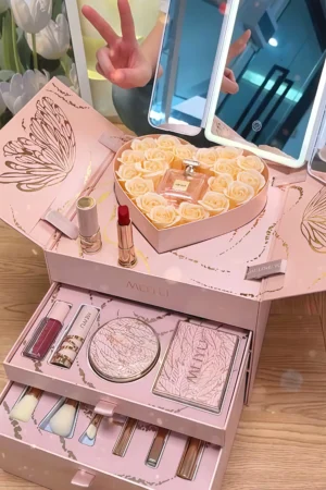 Luxury Heart Rose Makeup Gift Box with Mirror – Premium Beauty Cosmetic Set for Women