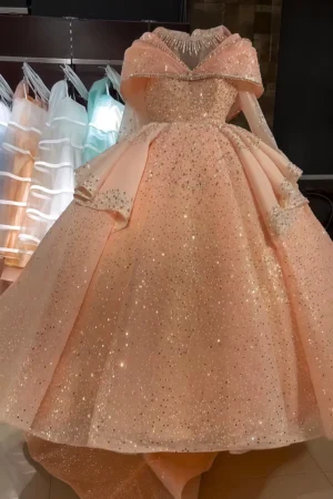 peach princess ball gown wedding dress with sparkling glitter tulle skirt
